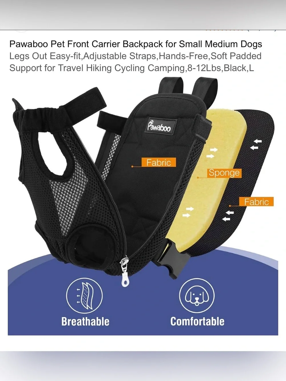 Pawaboo Black Front Dog Carrier Backpack - Hands-Free Pet Travel